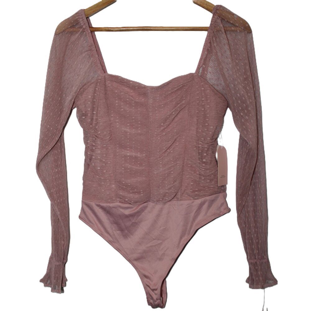 NWT Womens Blashe Pink Mesh Sheer Long Sleeve Bodysuit Top BT02320 Size Medium M